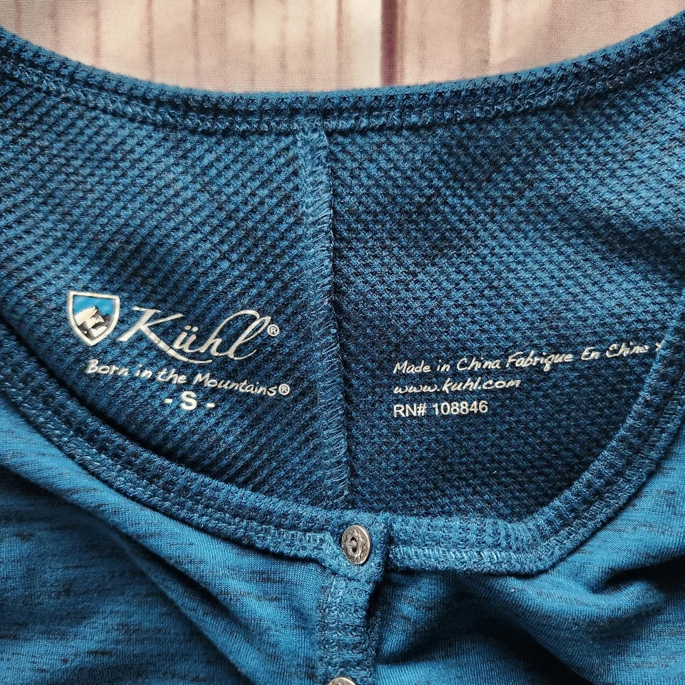 **SOLD** Kuhl "Svenna" Waffle Knit Henley Long Sleeve Shirt Teal Blue | Size S - Picture 4 of 12